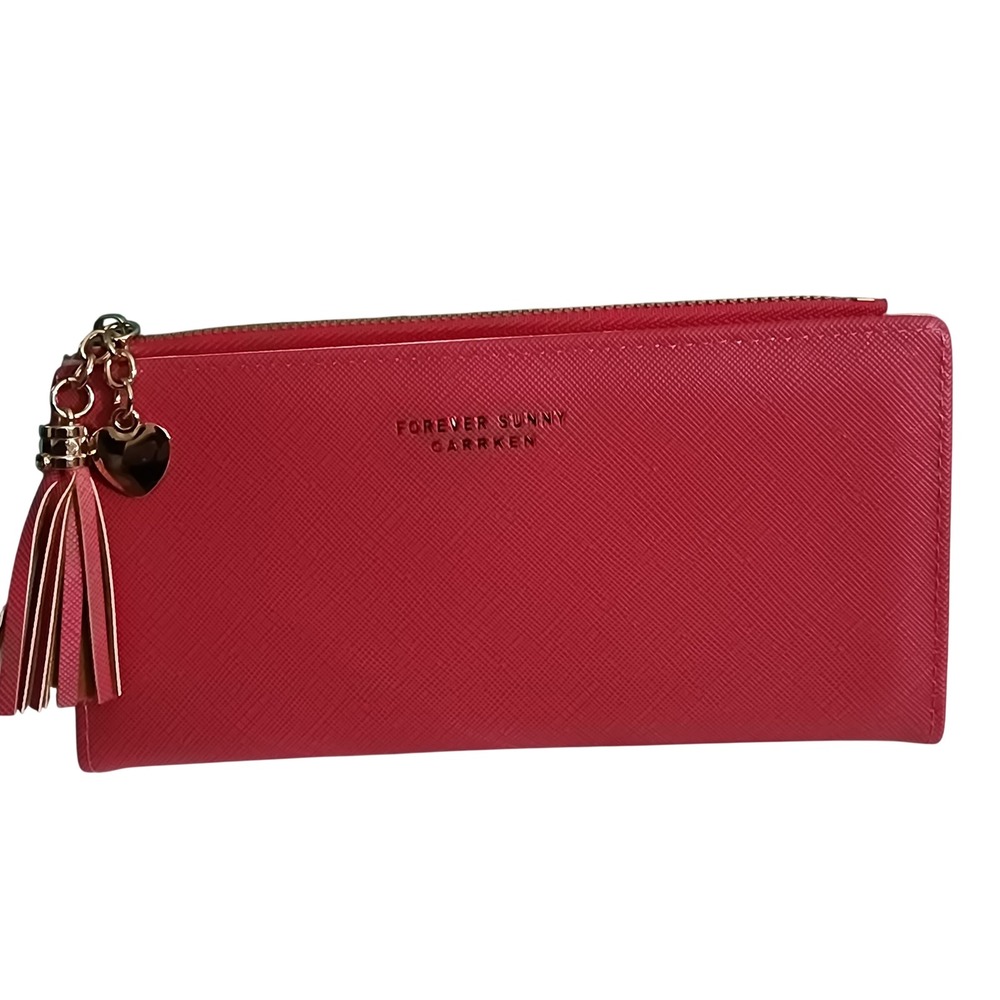 Forever Sunny Carrken DARK PINK Textured Slim Bifold Wallet with Heart Tassel
